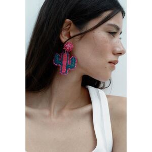 Zara Raffia Glitter Cactus Earrings Pink | Beaded Statement Earrings
